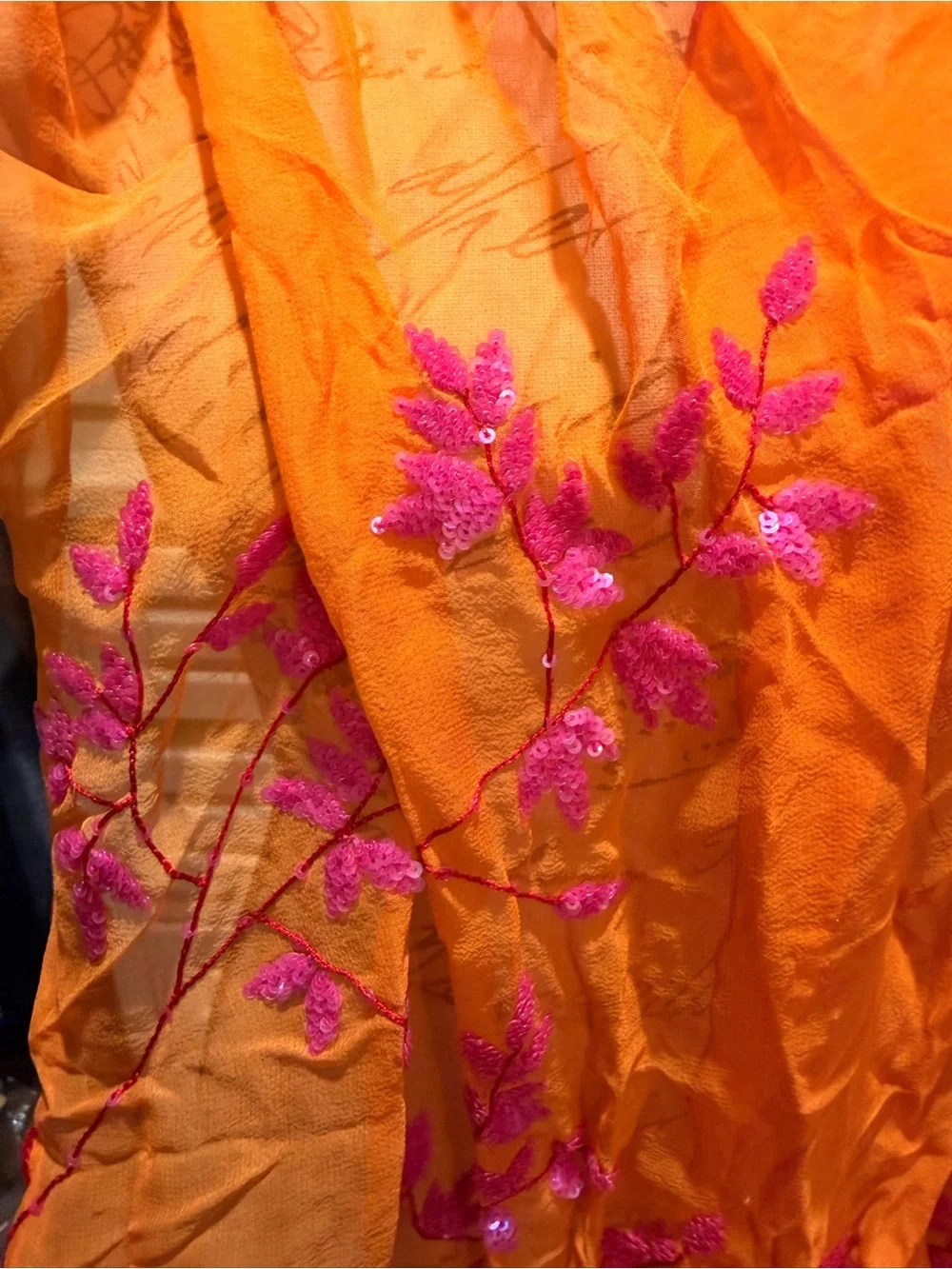 Vintage Escada Embroidered Silk Scarf Sheer Orange Pink Sequins